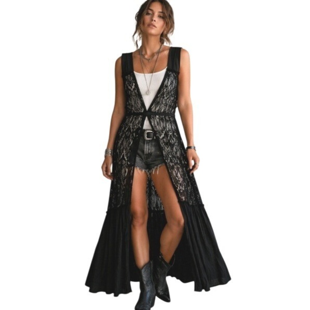 Sin Clarity Sheer Lace Duster Black Maxi Overlay Gothic Festival Whimsygoth Sz S